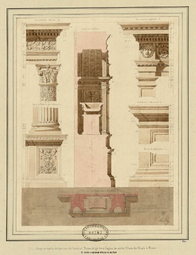 Coupe et détails du tombeau du Cardinal Basso, érigé dans l'Eglise de Sainte-Marie-du-Peuple à Rome