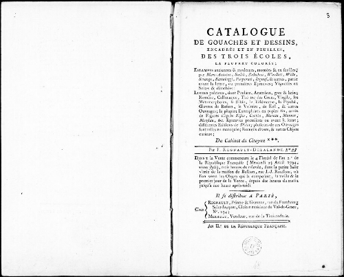 Catalogue de gouaches et dessins, encadrés et en feuilles, des trois écoles, la plupart colorés, estampes [...] : [vente du 23 avril 1794]