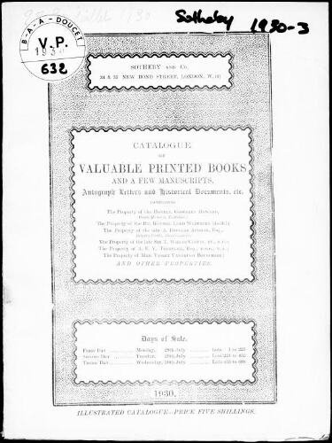 Valuable printed books and a few manuscripts, autograph letters and historical documents, etc. [...] : [vente du 28 juillet au 30 juillet 1930]