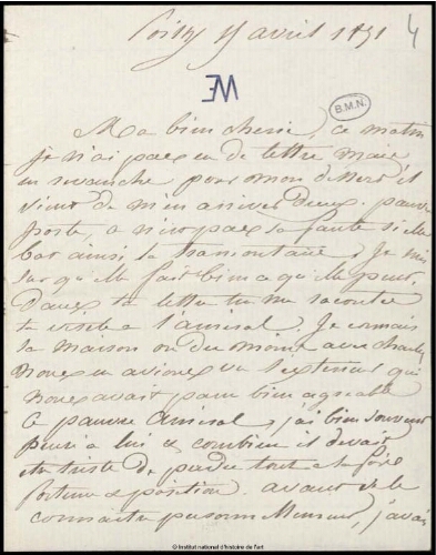 Lettre de Jean-Louis-Ernest Meissonier à Emma Meissonier, Poissy, 11 avril 1871
