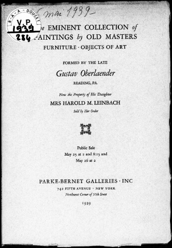Distinguished paintings […] : [vente des 25 et 26 mai 1939]