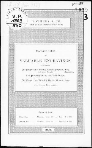 Catalogue of valuable engravings, comprising the property of Sidney Lovell Phipson [...] : [vente des 17 et 18 juin 1929]