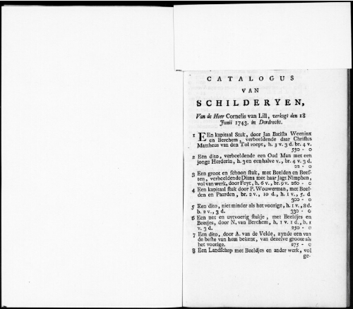 Catalogus van Schilderyen van de Heer Cornelis van Lill [...] : [vente du 18 juin 1743]