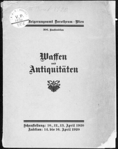 Waffen und Antiquitäten : [vente du 14 au 16 avril 1920]