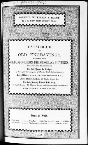 Catalogue of old engravings, together with old and modern drawings and pictures [...] : [vente des 24 et 25 juillet 1923]