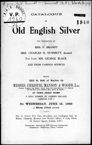 Catalogue of Old English Silver [...] : [vente du 12 juin 1940]