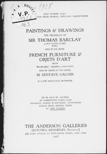 Paintings and drawings, the property of Sir Thomas Barclay [...] : [vente du 1er au 3 mars 1928]