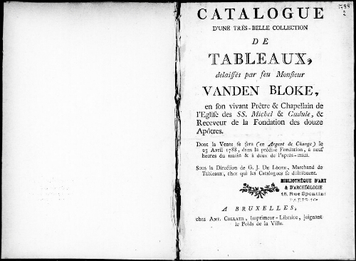 Catalogue d’une très-belle collection de tableaux, délaissés par feu Monsieur Vanden Bloke [...] : [vente du 23 avril 1788]