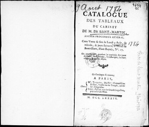 Catalogue des tableaux du Cabinet de M. de Saint-Martin, ancien procureur général [...] : [vente du 9 août 1784]