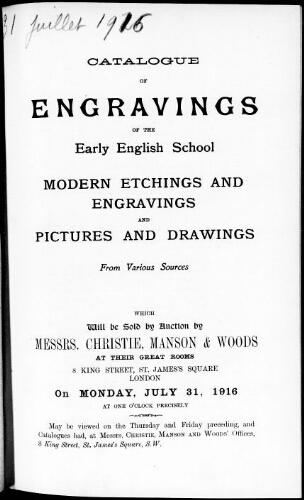 Catalogue of engravings of the early English school […] : [vente du 31 juillet 1916]
