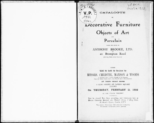 Catalogue of decorative furniture, objects of art and porcelain, being the stock of Anthony Brooke, Ltd. […] : [vente du 11 février 1932]