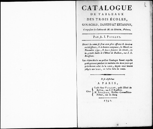 Catalogue de tableaux des trois écoles, gouaches, dessins et estampes, composant le cabinet de M. Le Sueur [...] : [vente du 22 novembre 1791]