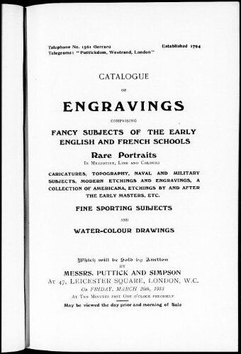Catalogue of engravings comprising fancy subjects of the early English and French schools […] : [vente du 26 mars 1915]
