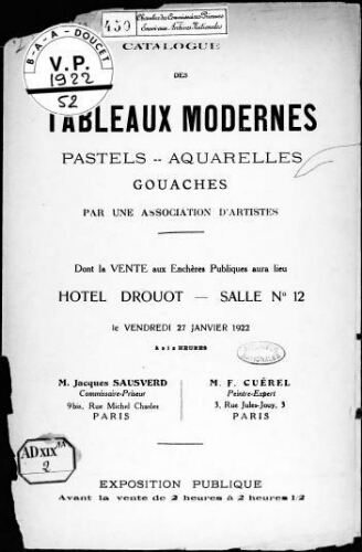 Catalogue des tableaux modernes, pastels, aquarelles, gouaches, par une association d'artistes [...] : [vente du 27 janvier 1922]