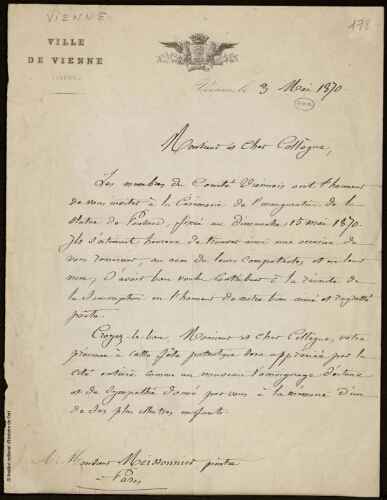 Lettre d'invitation [...] pour la cérémonie d'inauguration de la statue de Ponsard, 3 mai 1870