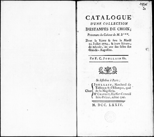 Catalogue d'une collection d'estampes de choix, provenant du cabinet de M. B*** [...] : [vente du 12 juillet 1774]