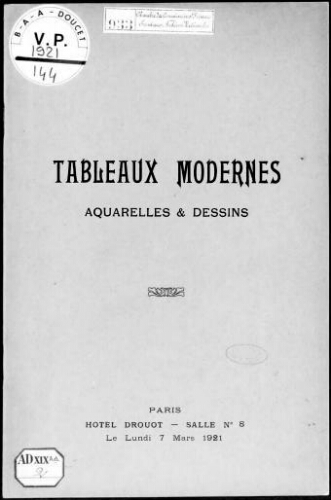 Tableaux modernes, aquarelles et dessins : [vente du 7 mars 1921]