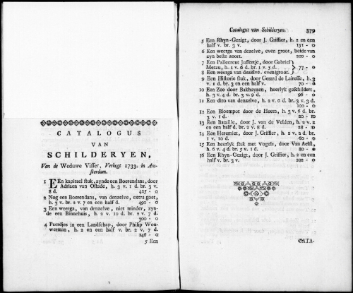 Catalogus van Schilderyen van de Weduwe Visser [...] : [vente de 1733]