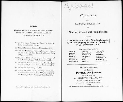 Catalogue of a valuable collection of violins, violas and violoncellos [...] : [vente du 12 juillet 1923]