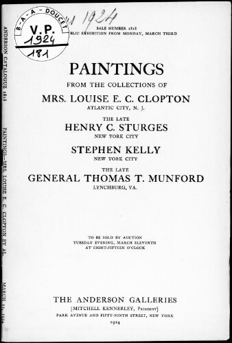 Paintings from the collection of Mrs. Louise E. C. Clopton, Atlantic City [...] : [vente du 11 mars 1924]