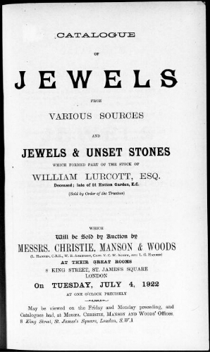 Catalogue of jewels from various sources and jewels and unset stones, which formed part of the stock of William Lurcott [...] : [vente du 4 juillet 1922]