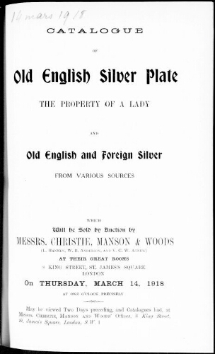 Catalogue of old English silver plate […] : [vente du 14 mars 1918]