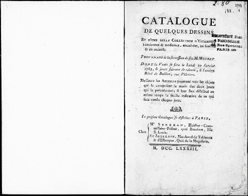 Catalogue de quelques dessins et d’une belle collection d’estampes anciennes et modernes [...] : [vente du 20 janvier 1783]