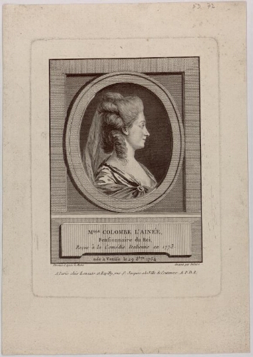 Mademoiselle Colombe l'aînée, pensionnaire du Roi, reçue à la Comédie italienne en 1773, née à Venise le 29 octobre 1754