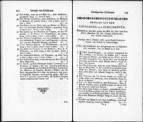 Extract uit een Catalogus van Schilderyen naargelaten, zoo door wylen den Wel. Ed. Heer Oud-Professor Anatomiae &c. &c. Thomas Schwencke [...] : [vente du 10 octobre 1767]