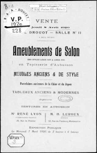 Ameublement de salon des styles Louis XIV et Louis XVI en tapisserie d'Aubusson, meubles anciens et de style [...] : [vente du 8 avril 1920]