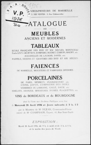 Catalogue des meubles anciens et modernes, tableaux, École française des XVIIIe siècles [...] : [vente du 21 avril 1926]