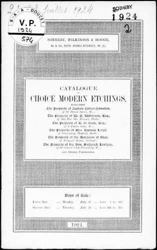 Catalogue of choice modern etchings, including the property of Captain Collier-Johnston [...] : [vente des 21 et 22 juillet 1924]