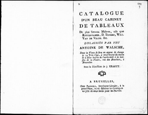 Catalogue d’un beau cabinet de tableaux de plus fameux maîtres [...] : [vente du 14 juin 1791]