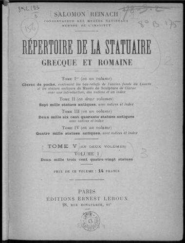 Répertoire de la statuaire grecque et romaine. Tome V, volume 1
