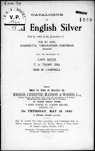 Catalogue of Old English Silver [...] : [vente du 16 mai 1940]