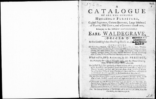 Catalogue of all the genuine houshold furniture, capital pictures, curious bronzes [...] : [vente du 16 novembre 1763]