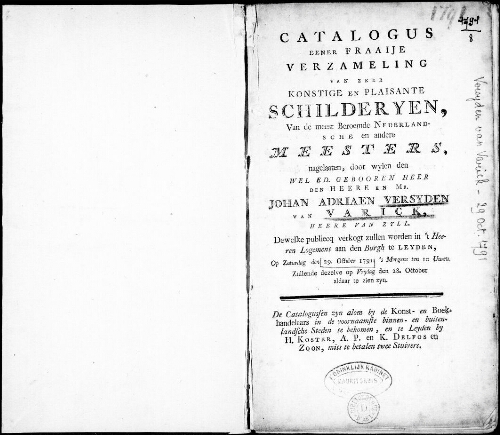 Catalogus eener fraaije verzameling van zeer konstige en plaisante schilderyen [...] : [vente du 29 octobre 1791]