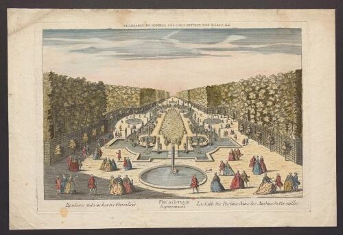 Vue d'optique représentant La Salle des Festins dans les jardins de Versailles = Epularis aula in hortis Versalicis