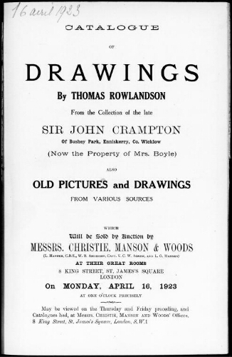 Catalogue of drawings by Thomas Rowlandson from the collection of the late Sir John Crampton [...] : [vente du 16 avril 1923]