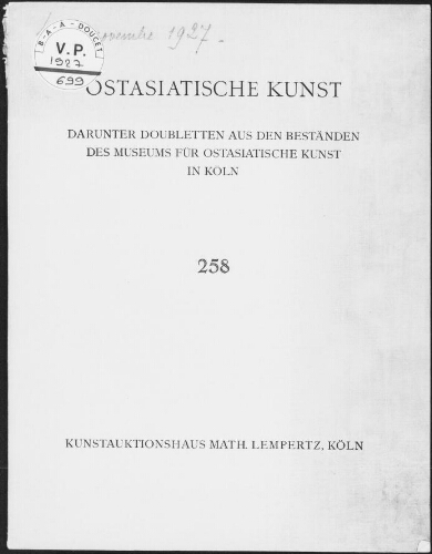 Ostasiatische Kunst darunter Doubletten aus den Beständen des Museums für ostasiatische Kunst in Köln : [vente des 4 et 5 novembre 1927]