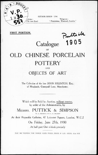 Old Chinese porcelain, pottery and objects of art, the collection of the late John Hilditch, Esquire [...] : [vente du 27 juin 1930]
