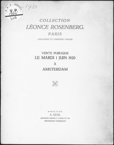 Collection Léonce Rosenberg, Paris (deuxième et dernière vente) : [vente du 1er juin 1920]