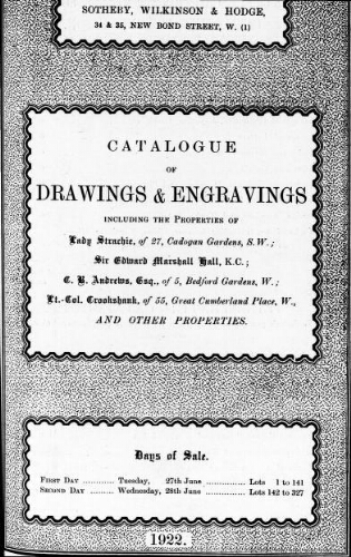 Catalogue of drawing and engravings including the properties of Lady Strachie [...] : [vente des 27 et 28 juin 1922]