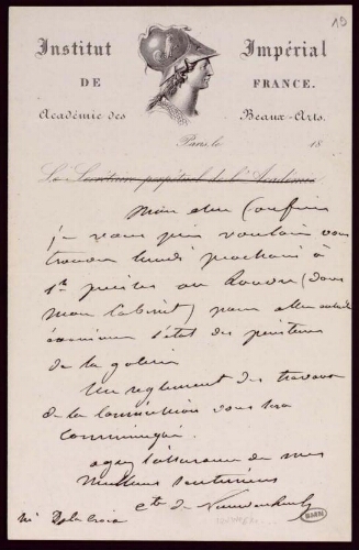 Lettre du comte de Nieuwerkerke à Eugène Delacroix