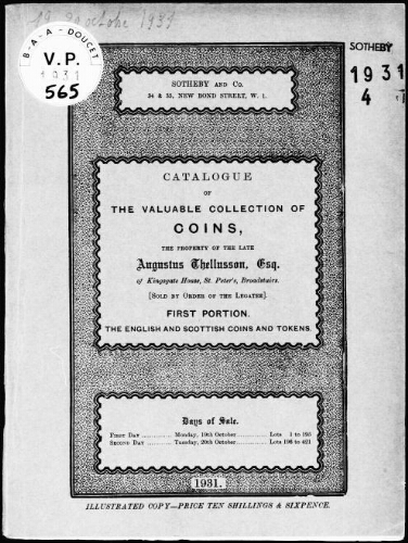 Catalogue of the valuable collection of coins, the property of the late Augustus Thellusson [...] : [vente des 19 et 20 octobre 1931]