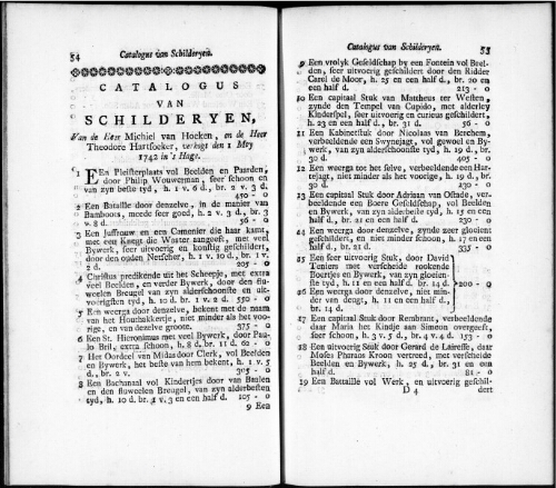 Catalogus van Schilderyen van de Heer Michiel van Hoeken, en de Heer Theodore Hartsoeker [...] : [vente du 1er mai 1742]