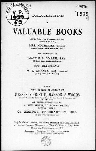 Catalogue of valuable books […] : [vente du 27 février 1939]