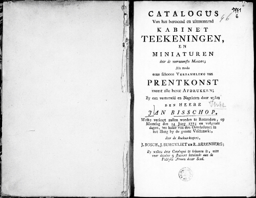 Catalogus van het beroemb en uitmuntend Kabinet Teekeningen en Miniaturen door de voornaamste Meesters [...] : [vente du 24 juin 1771]