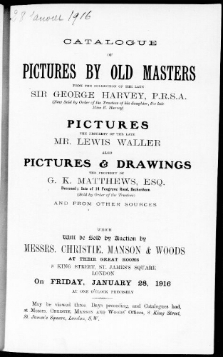 Catalogue of pictures by old masters […] : [vente du 28 janvier 1916]