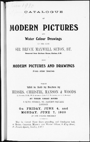 Catalogue of modern pictures and water colour drawings of the late Sir Bruce Maxwell Seton, BT. […] : [vente des 4 et 7 juin 1920]